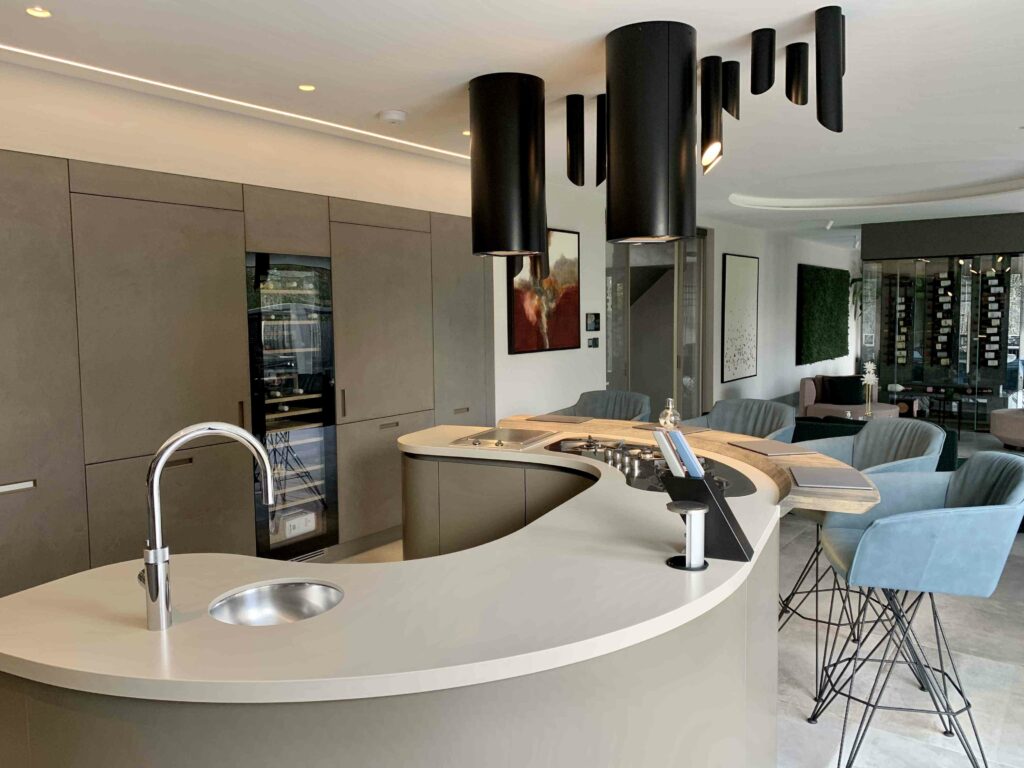 Modern Italian Range Kitchen view of whole curved island